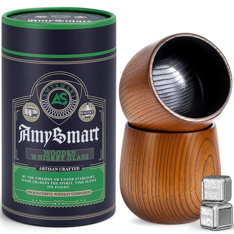 Vaso Amysmart de whisky con interior carbonizado, listo para regalo.
