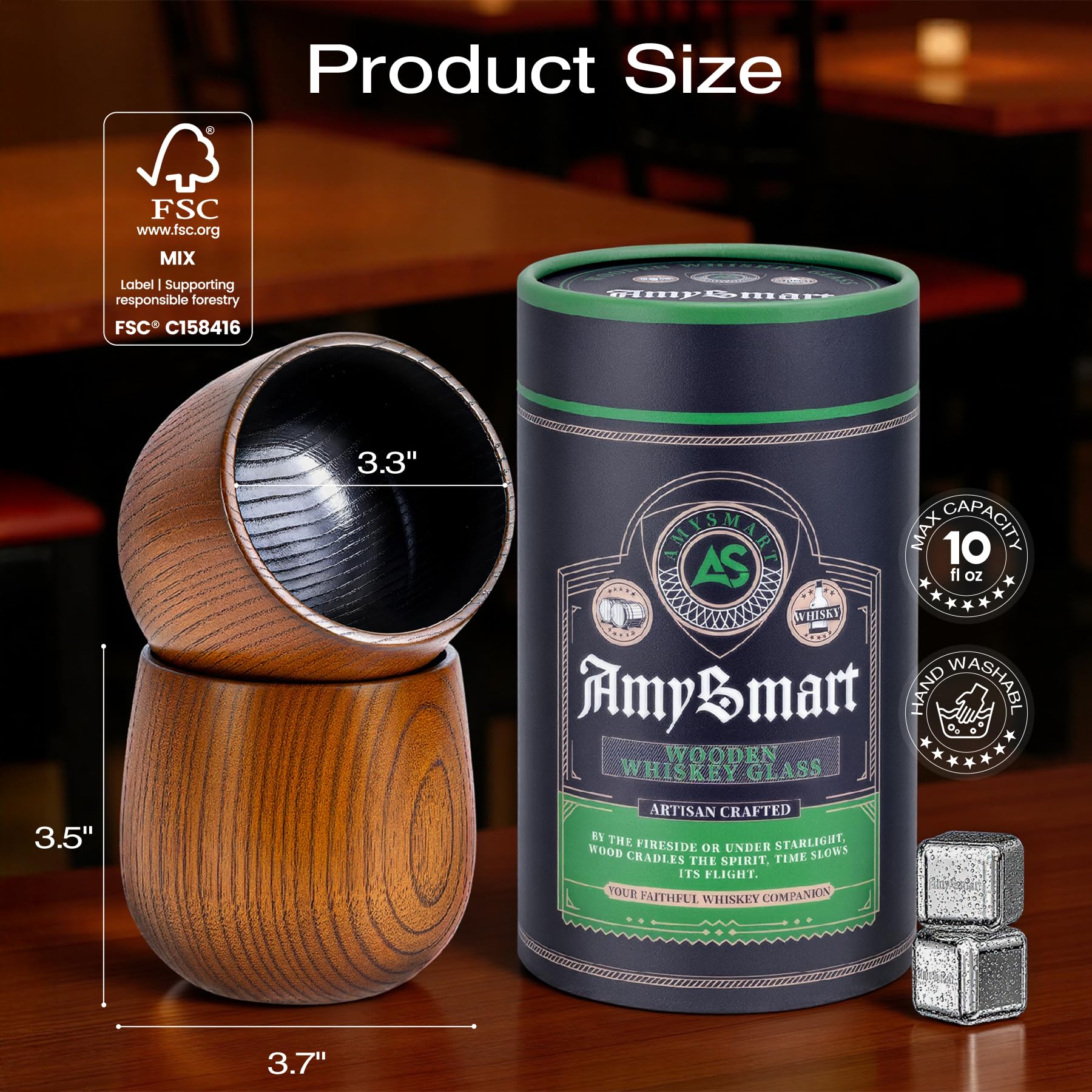 Vaso Amysmart de whisky mostrado en la mano para resaltar tamaño y diseño.