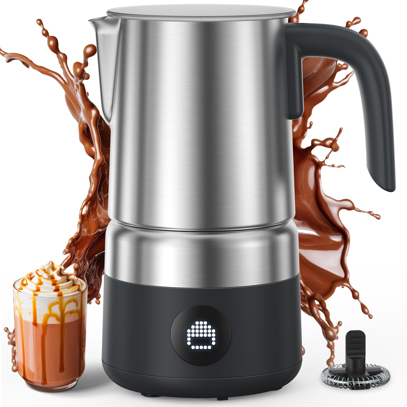 AMZCHEF 8 en 1 espumador de leche, vista frontal mostrando diseño compacto y práctico