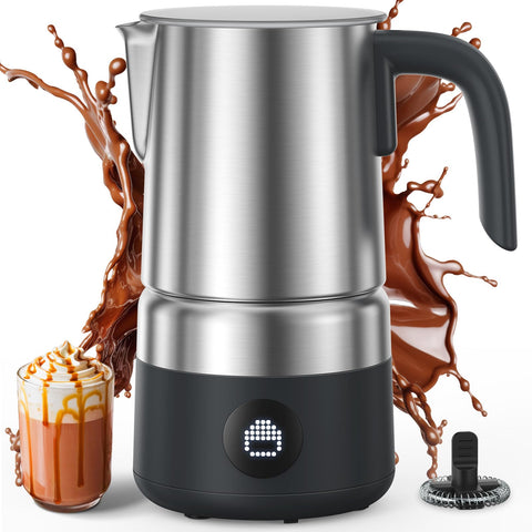 AMZCHEF 8 en 1 espumador de leche, vista frontal mostrando diseño compacto y práctico