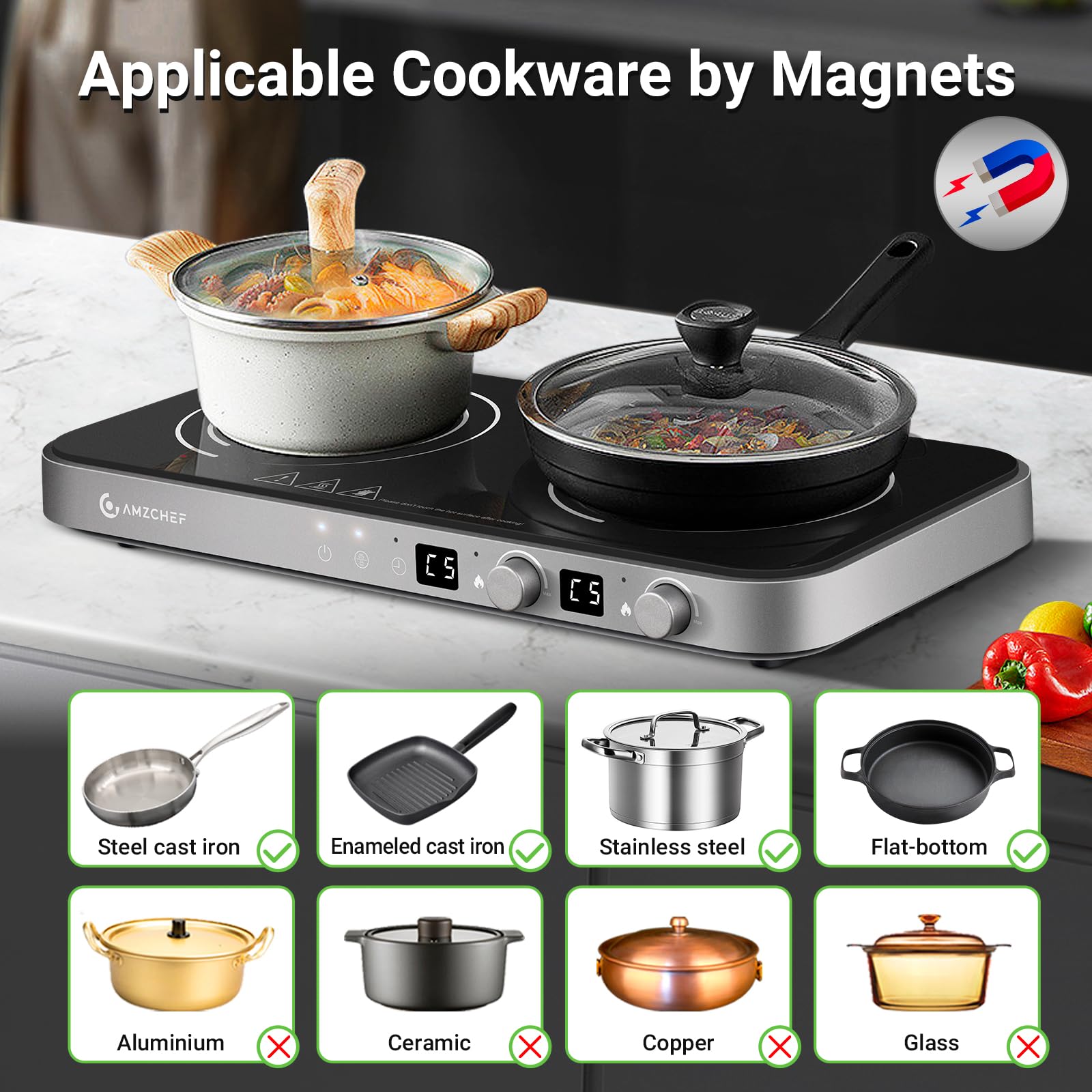 AMZCHEF panel de control táctil para ajuste preciso de potencia.