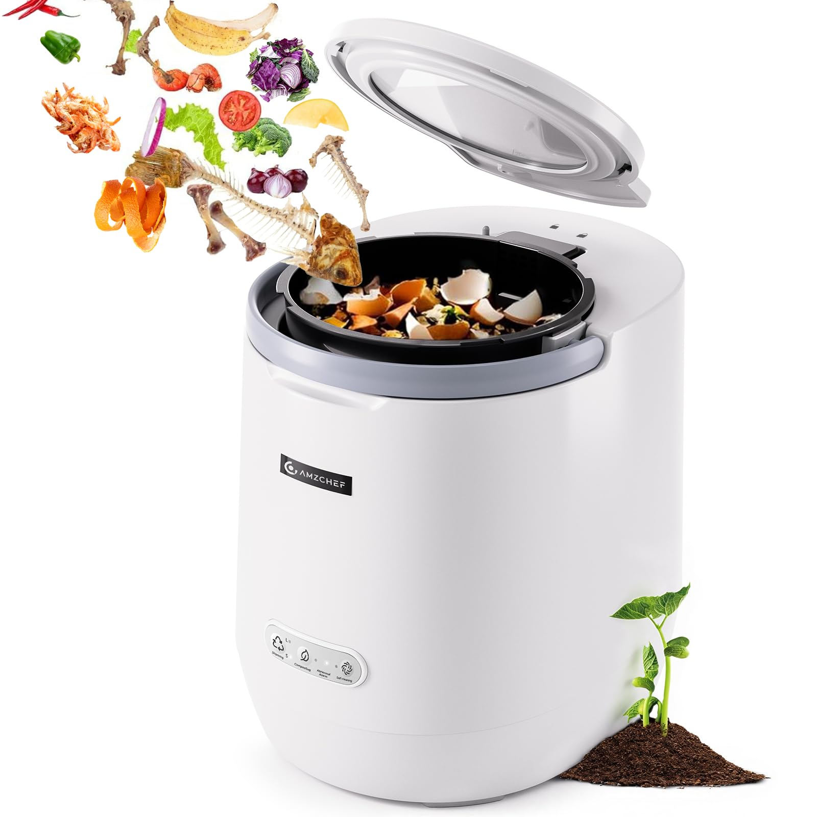 AMZCHEF composter eléctrico; cubo 4L compacto para cocina; manejo cómodo de residuos