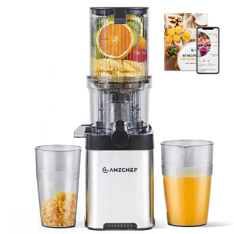 AMZCHEF Exprimidor de prensado en frío con boca ancha y tolva grande para frutas enteras.