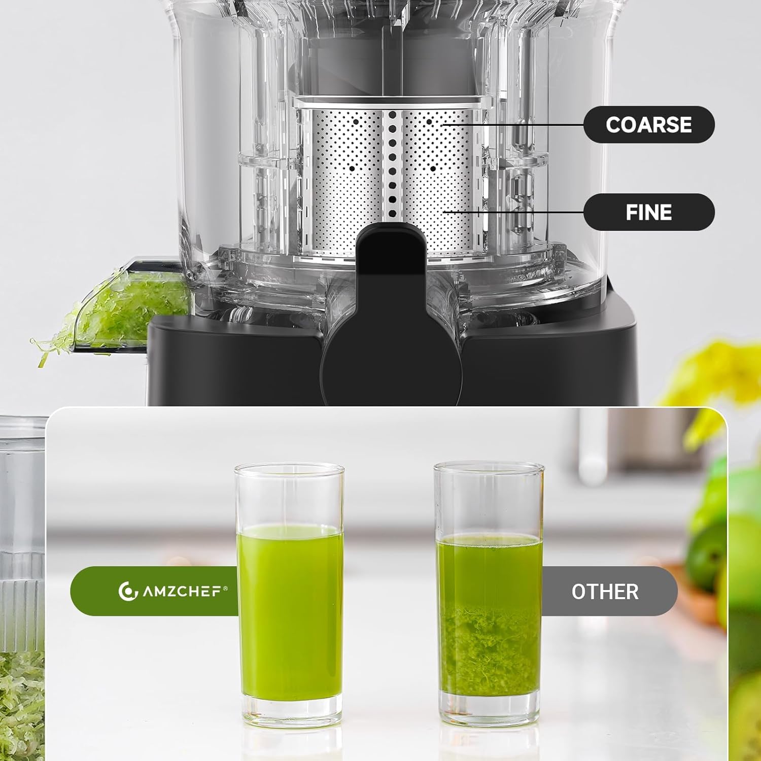 AMZCHEF Exprimidor con doble filtro para jugos más claros.