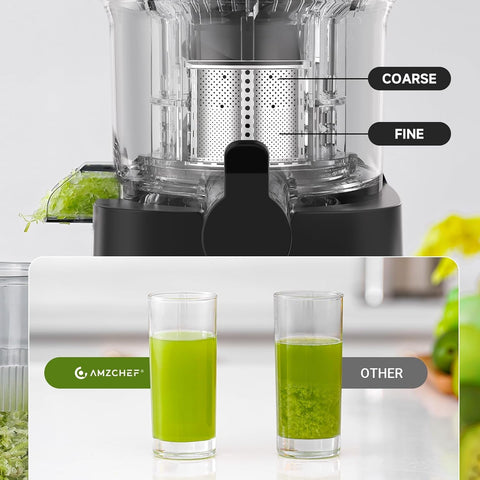 AMZCHEF Exprimidor con doble filtro para jugos más claros.