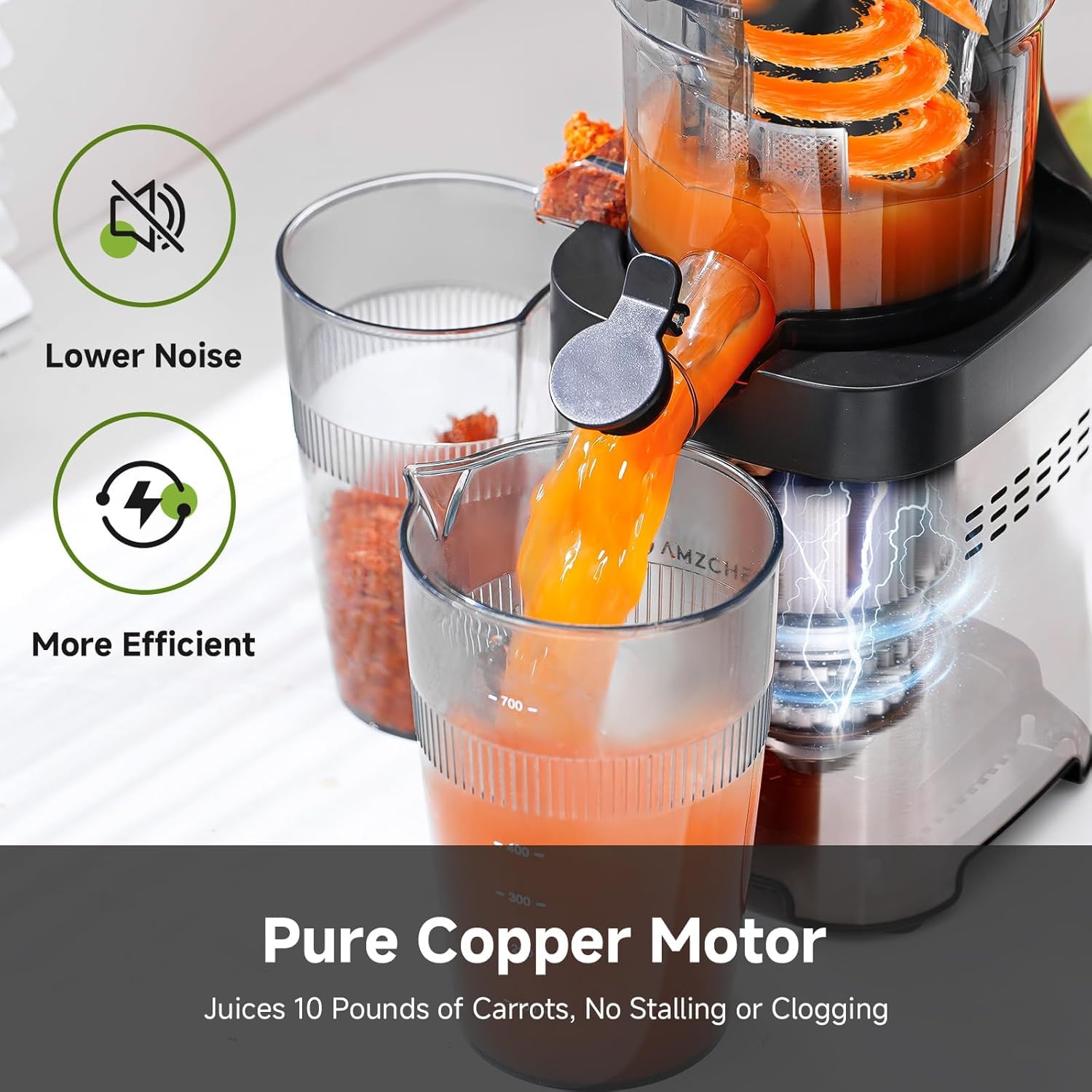 AMZCHEF Exprimidor a 60 RPM evita atascos y sedimentos en jugos.