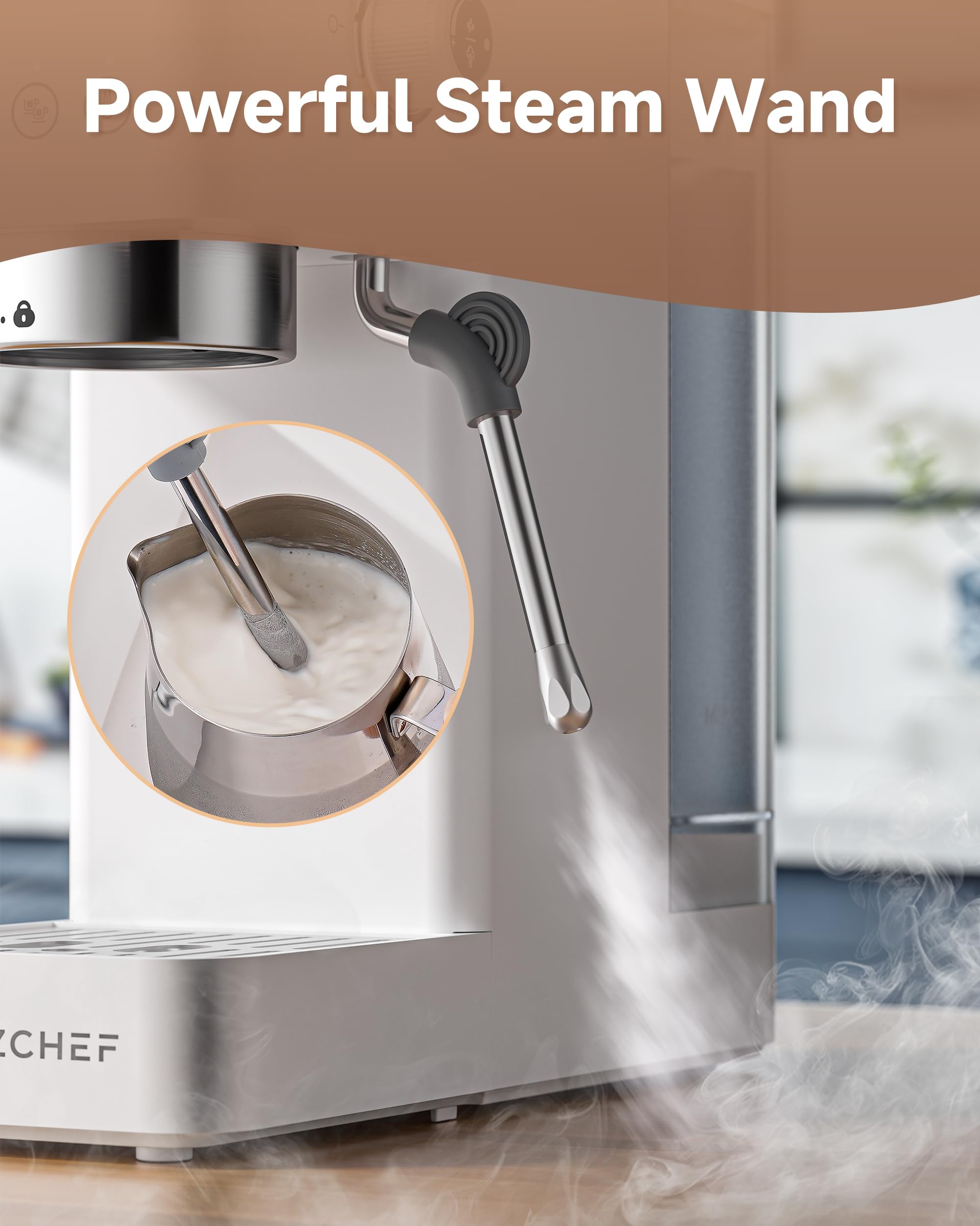 AMZCHEF espumador de leche inoxidable, giro 360° para bebidas cremosas.