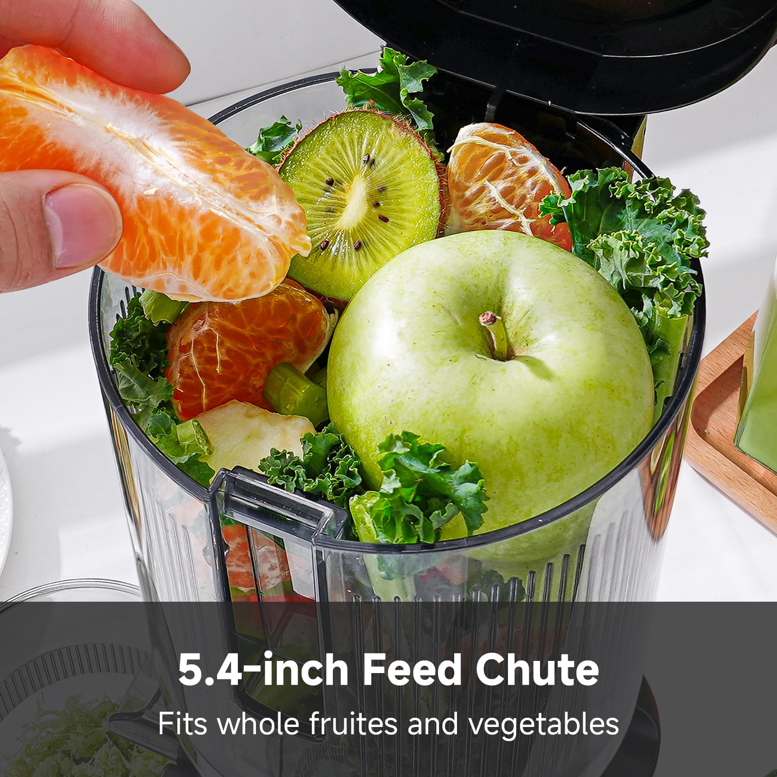 AMZCHEF licuadora prensado en frío, alimentación automática para procesar frutas y verduras sin picado previo.