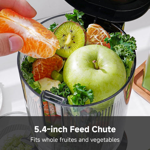 AMZCHEF licuadora prensado en frío, alimentación automática para procesar frutas y verduras sin picado previo.