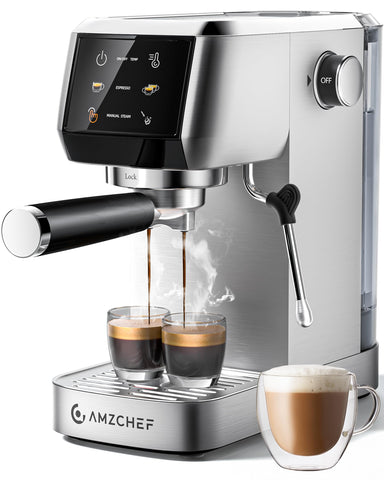AMZCHEF máquina espresso en acero inoxidable con diseño compacto y aspecto profesional.