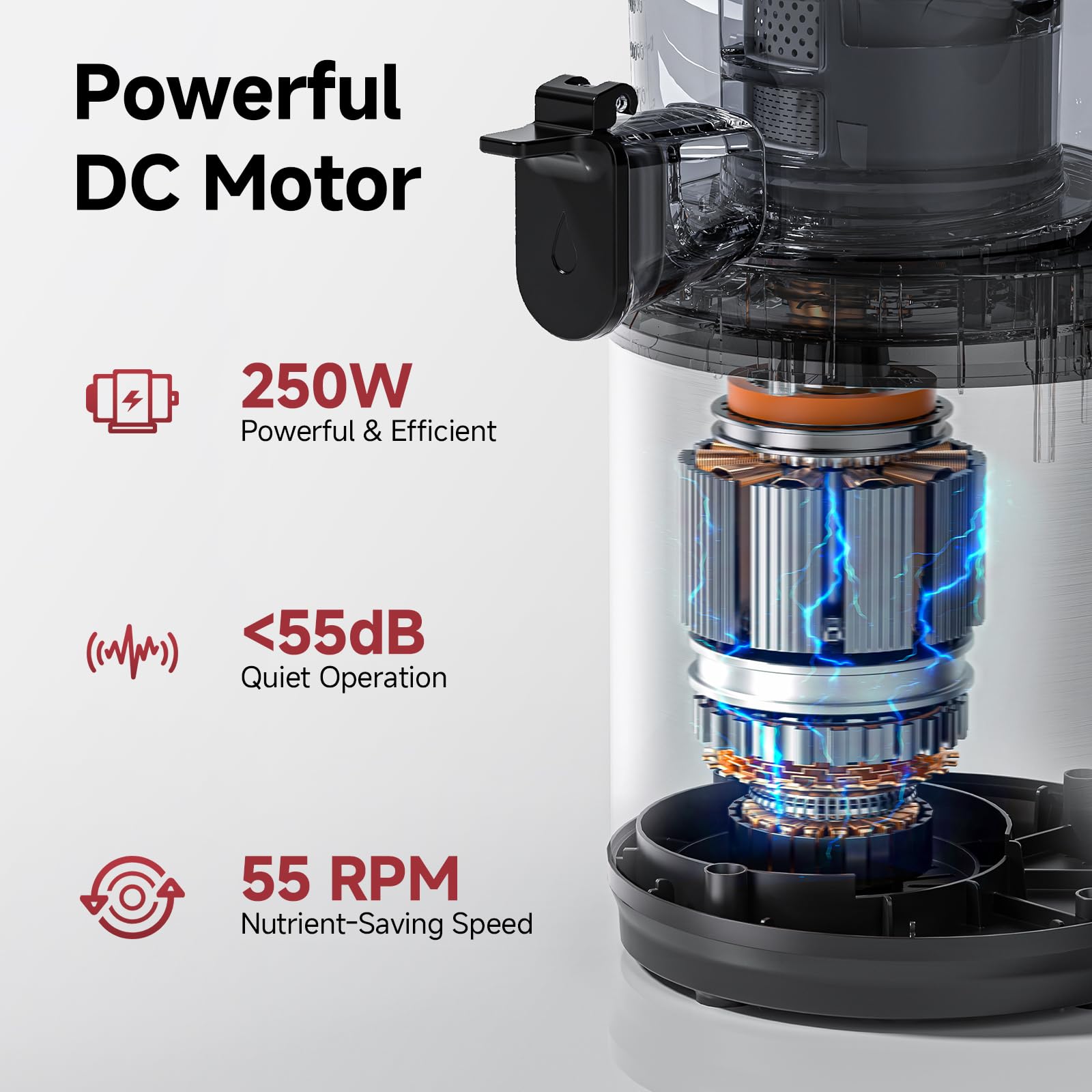 AMZCHEF motor DC silencioso para sesiones de jugo tranquilas.