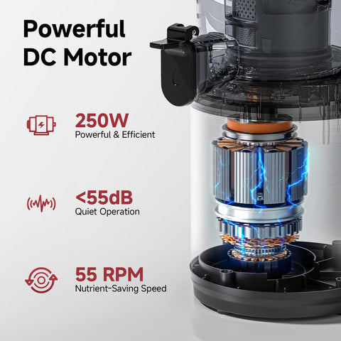 AMZCHEF motor DC silencioso para sesiones de jugo tranquilas.