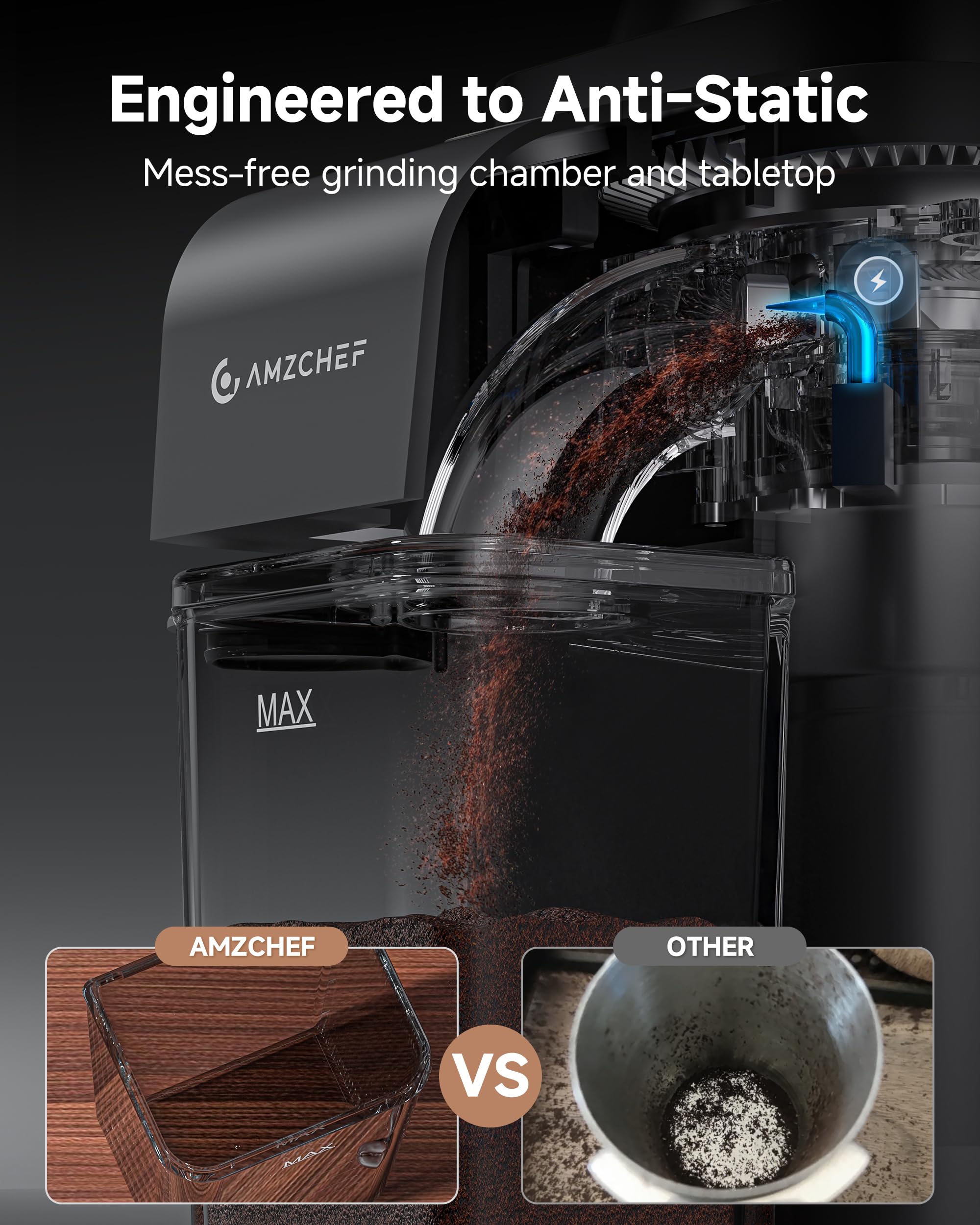 AMZCHEF muela auto-limpiante reduce mantenimiento y mantiene la molienda uniforme