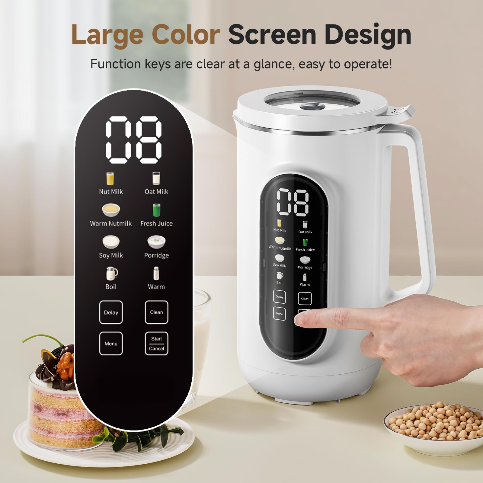 AMZCHEF Nut Milk Maker con pantalla a color para seleccionar recetas y ver progreso.