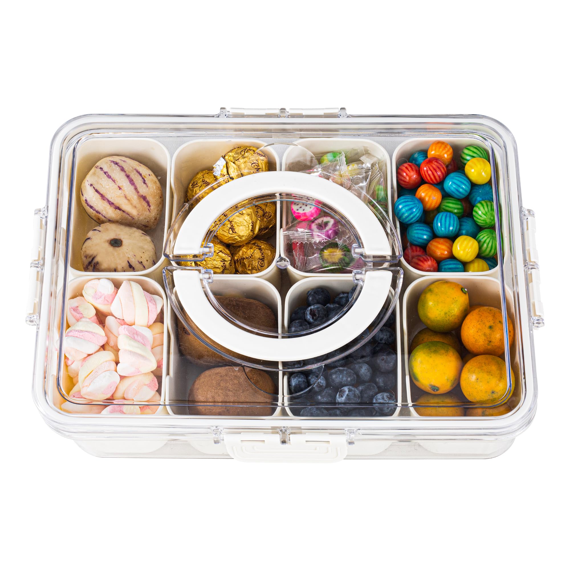 Amzcku bandeja dividida con tapa y manija: claridad para ver contenidos y transporte cómodo.