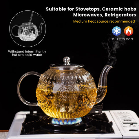 Tetera Amzcku muestra la infusión de té bloom en vidrio transparente.