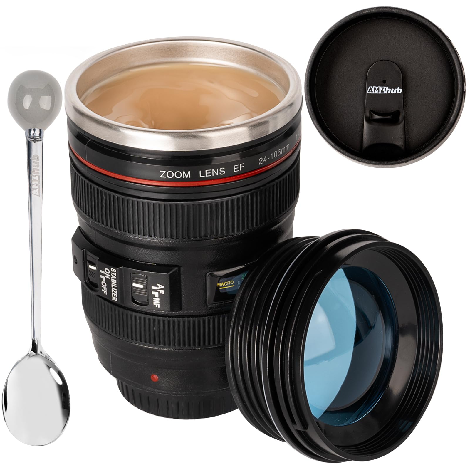 AMZHUB Taza Lente Cámara, vista frontal, diseño realista para amantes de la fotografía.
