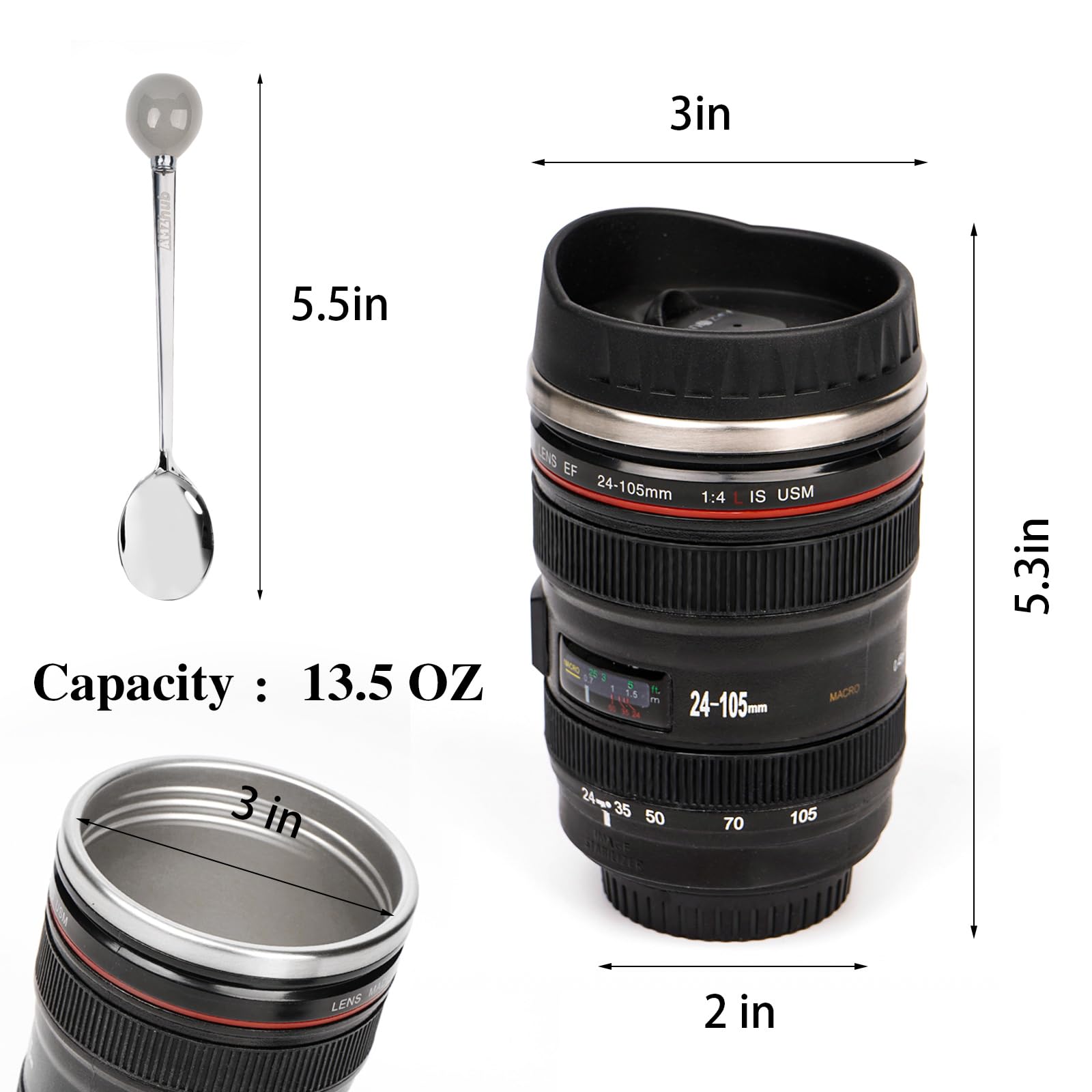 AMZHUB Taza Lente Cámara, tapa desplegable para beber sin quitar.