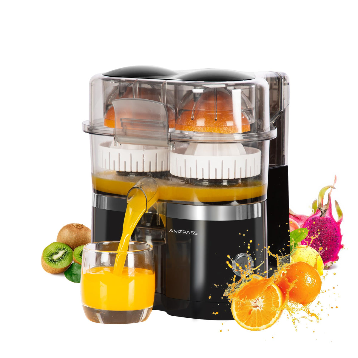 Amzpass exprimidor cítrico de doble cabezal para jugos más rápidos en casa.