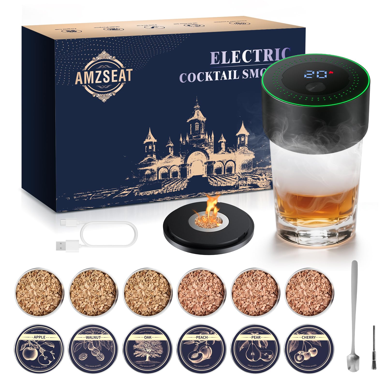 AMZSEAT kit ahumador whisky eléctrico en primer plano, listo para usar en casa
