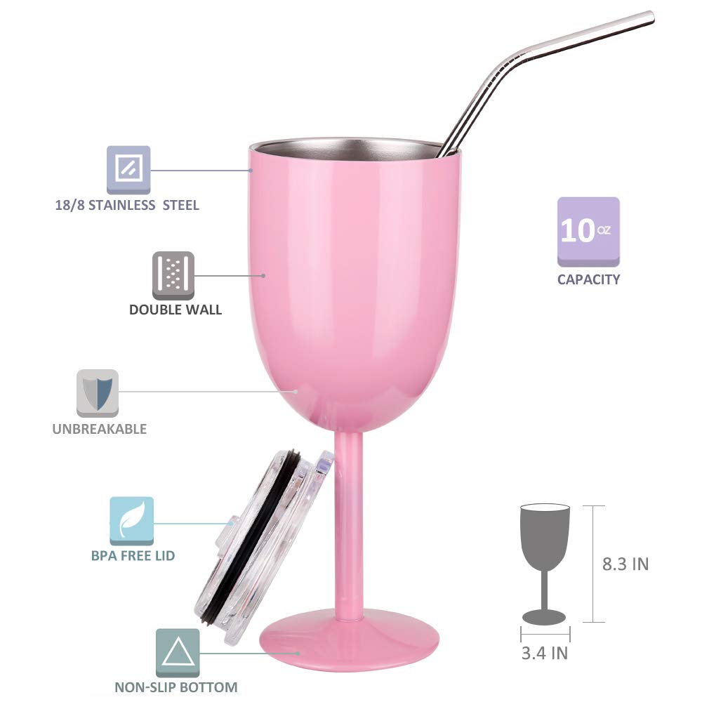 AMZUShome copa de vino con tapa y pajita rosa claro para exteriores