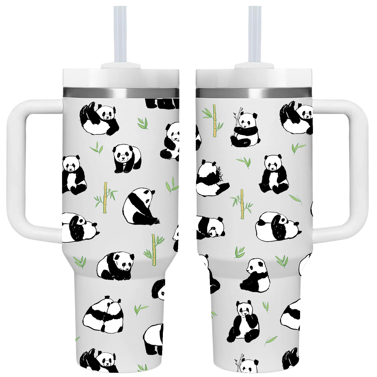 AMZUShome Panda tumbler 40oz con mango, ideal para llevar bebidas al exterior.