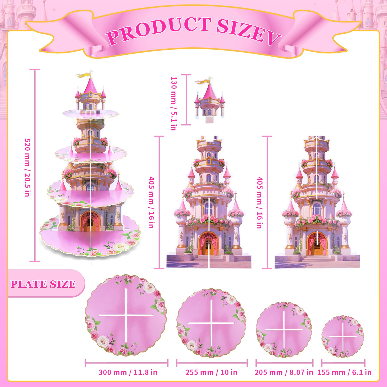 AMZWKT Escena postres Princesa Rosa: presentación elegante para recepciones y fiestas de bebé.