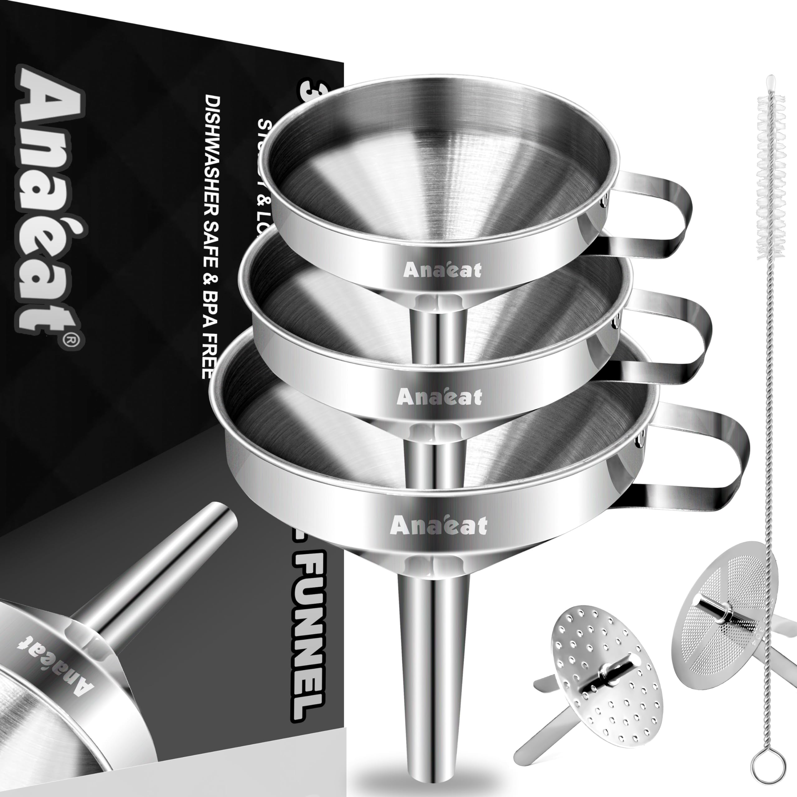 Embudo de cocina Anaeat, acero inoxidable, conjunto de 3 para verter con precisión.