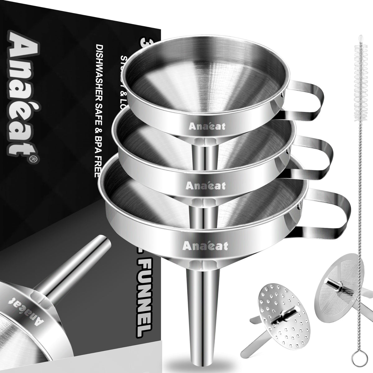 Embudo de cocina Anaeat, acero inoxidable, conjunto de 3 para verter con precisión.