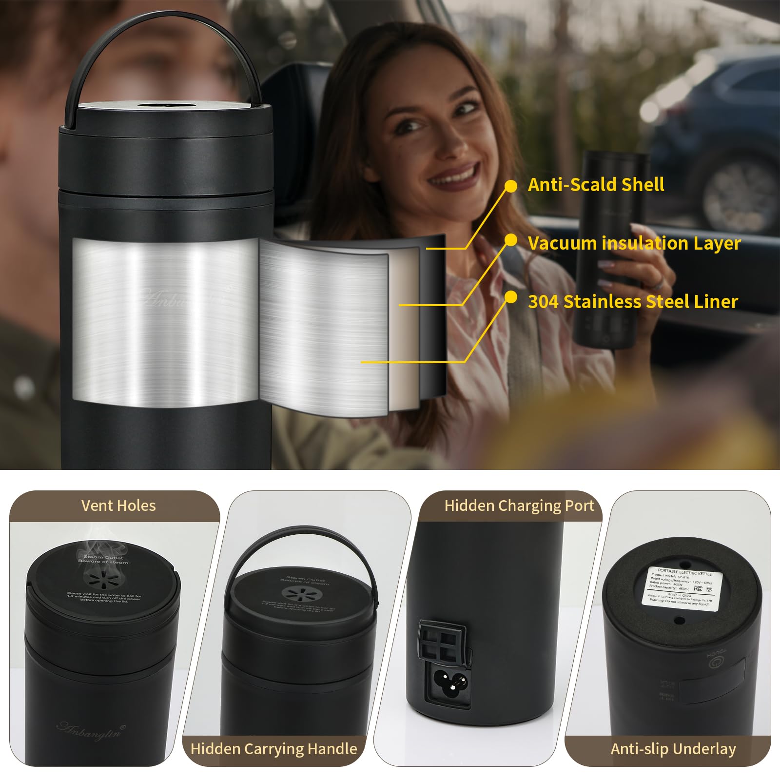 Tetera ligera Anbanglin, peso 1.15 libras, diseño compacto para mochila y maleta