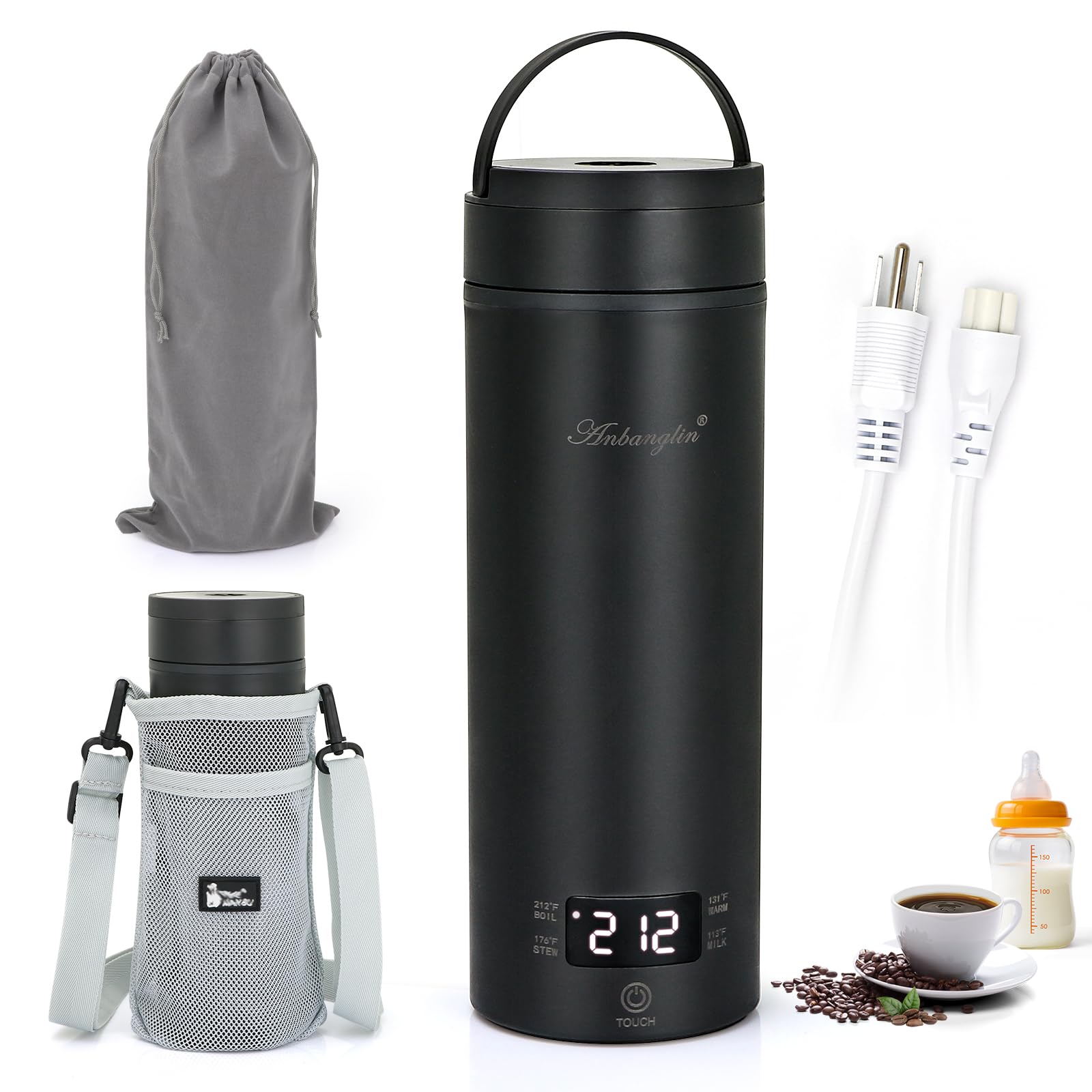 Anbanglin tetera eléctrica de viaje 450 ml negra, lista para hervir agua rápidamente