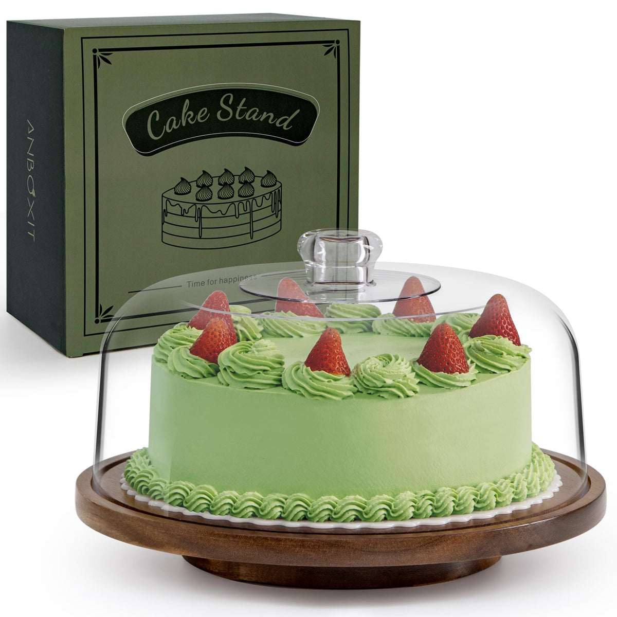 ANBOXIT bandeja tarta con domo acrílico en acacia, giro de 360° para una presentación elegante.