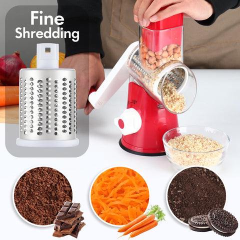 Rallador ANCEVSK rotativo con manivela en mano para control preciso del rallado de queso.