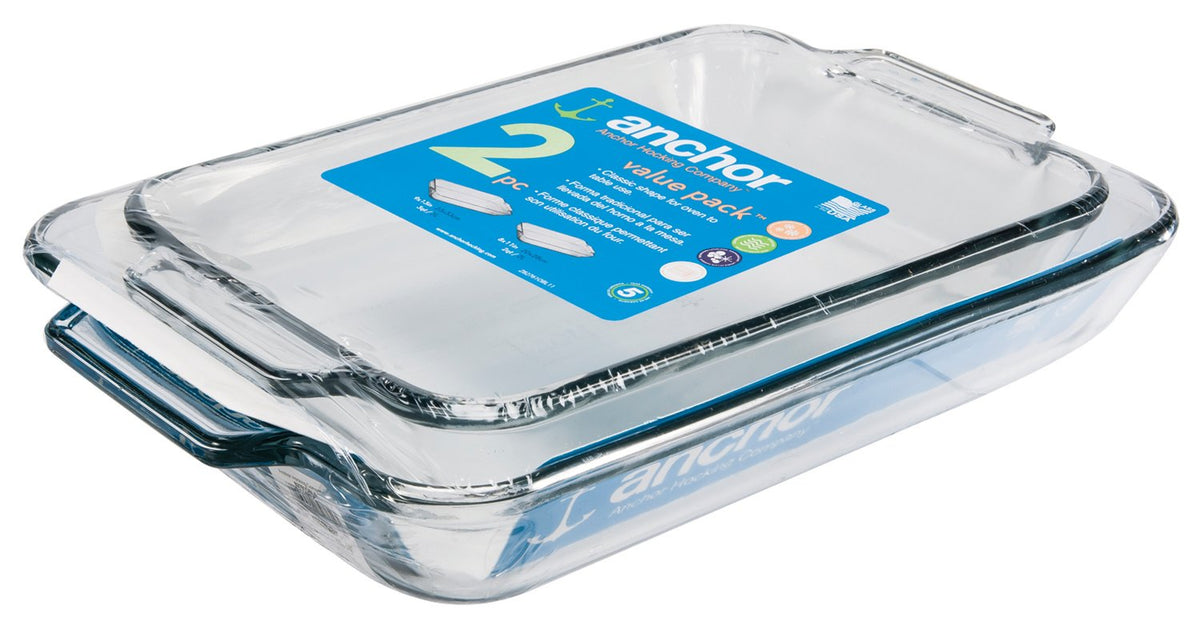 Conjunto Anchor Hocking, bandejas de hornear de cristal, listas para hornear y servir.