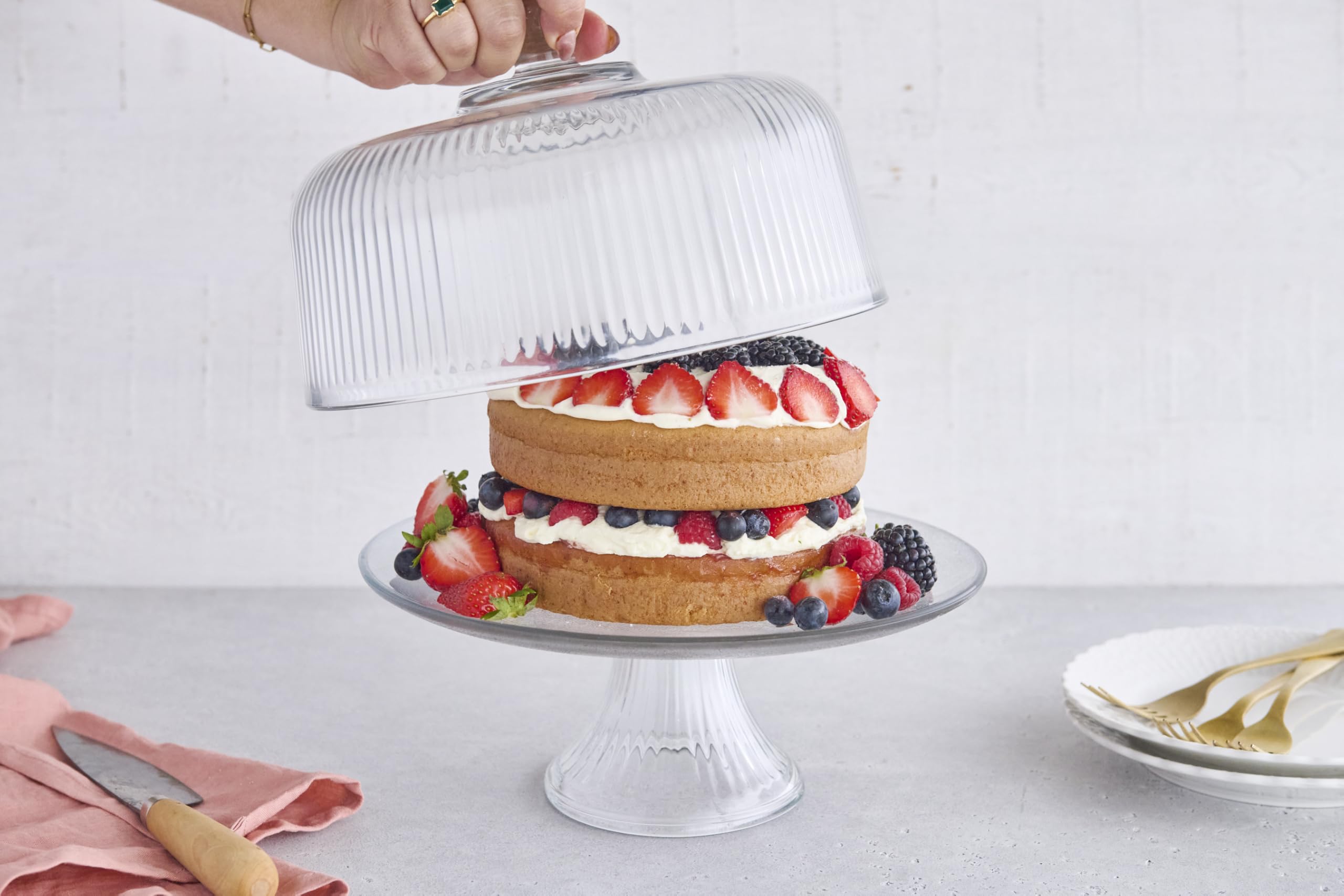 Anchor Hocking Monaco cupula cristal ribada, visibilidad clara para pasteles.