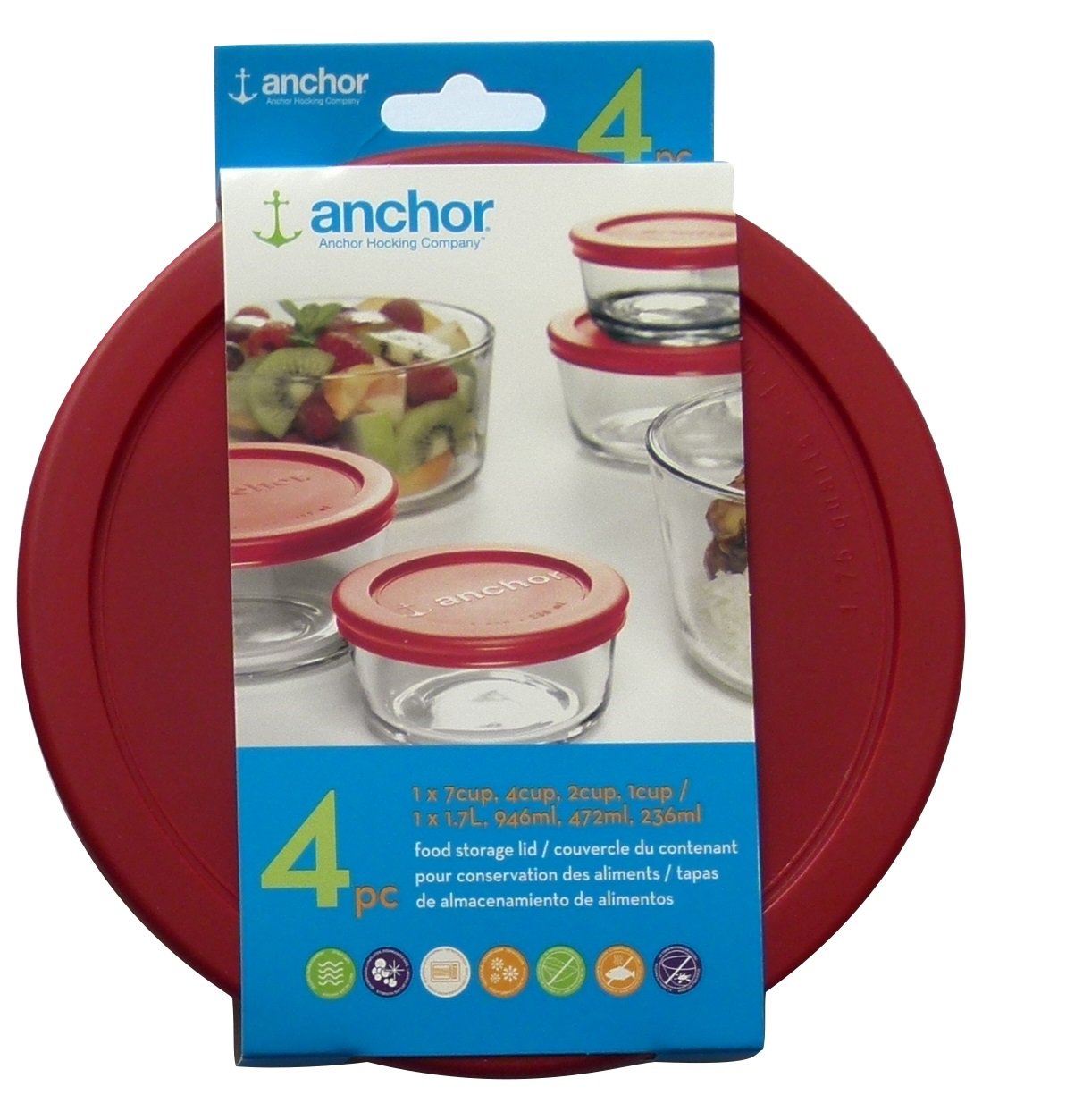 Anchor Hocking tapas rojas para 7 tazas con cierre seguro y almacenamiento eficiente.