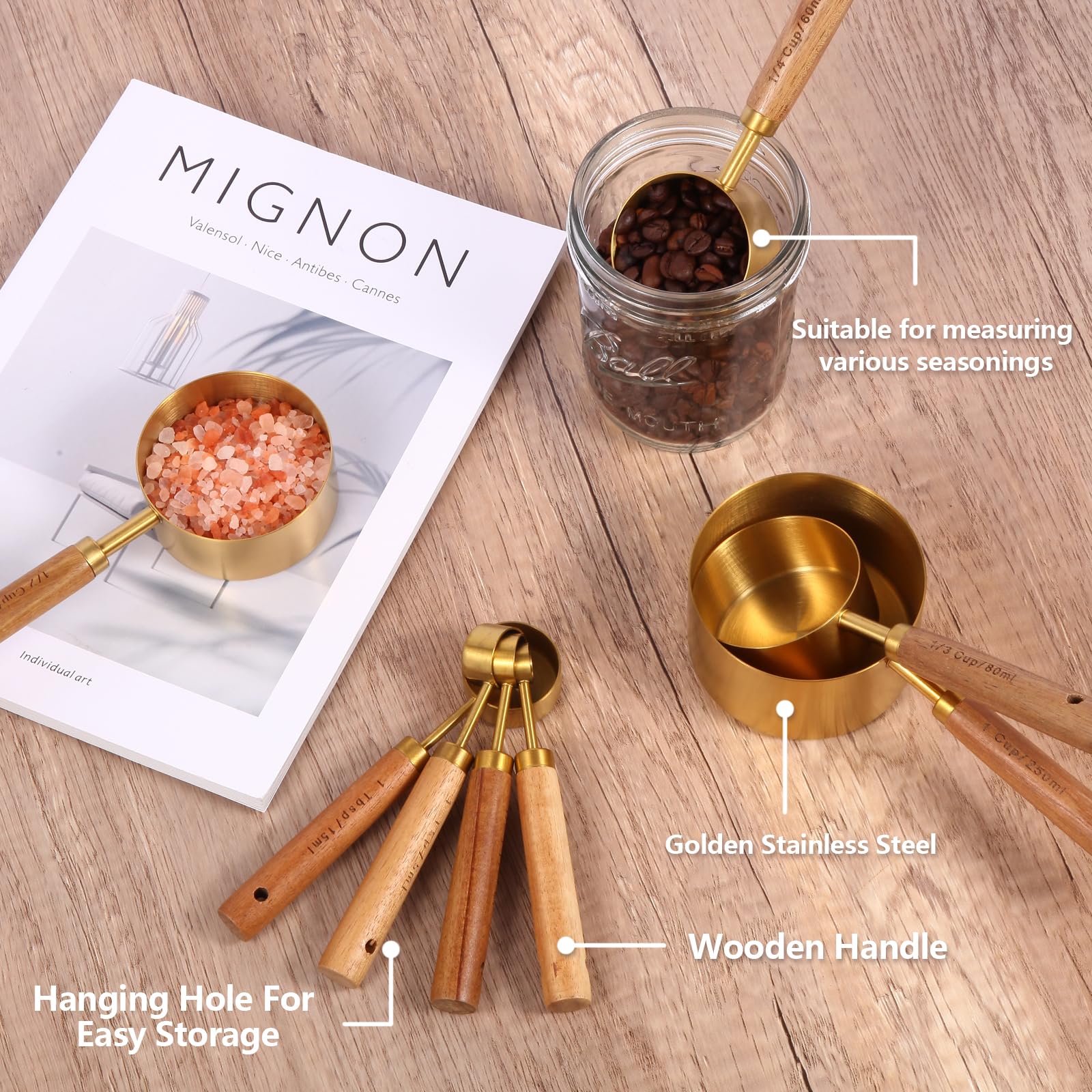 andgeloo tazas oro mangos madera, diseño elegante que complementa la cocina.