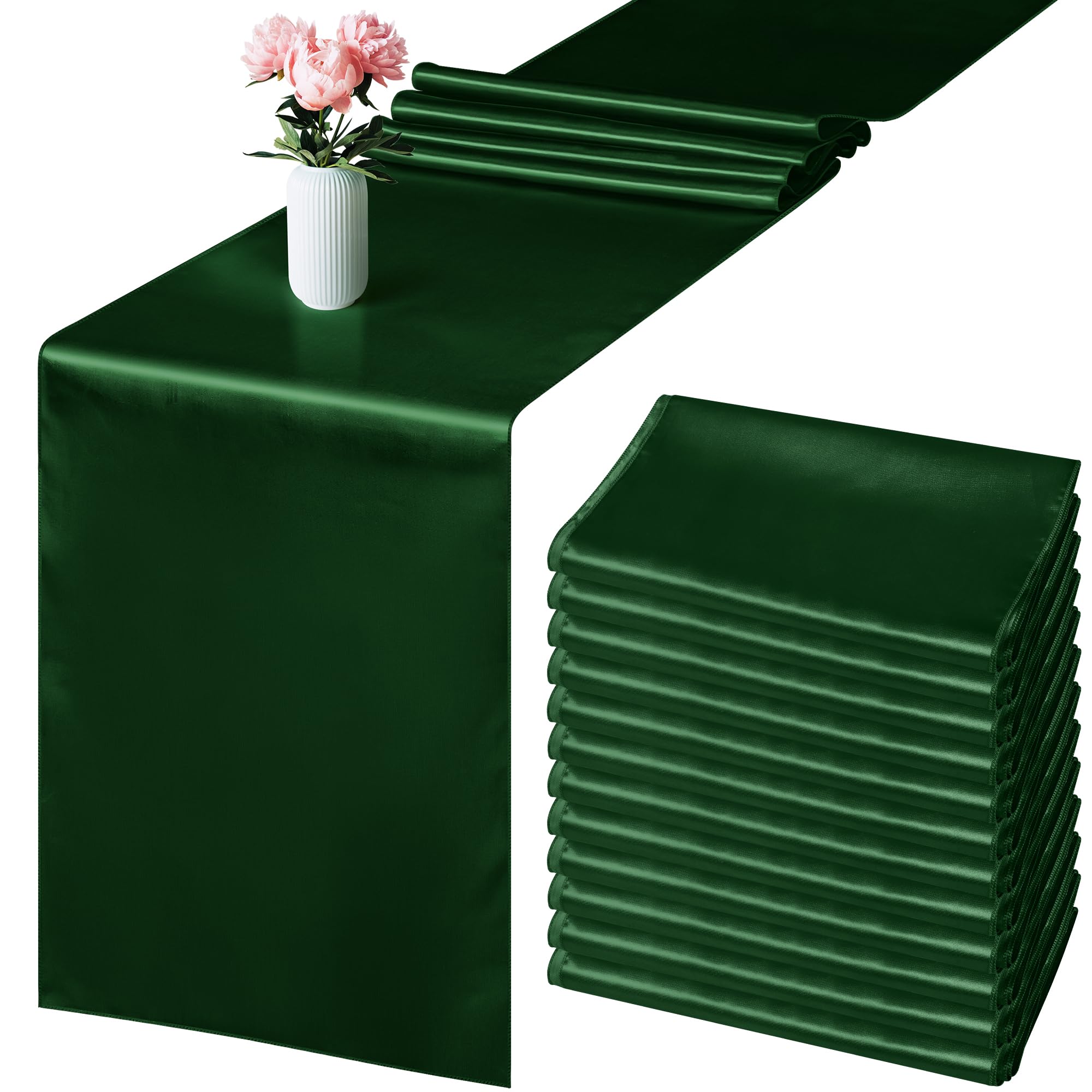Aneco camino de mesa satinado verde bosque, decoración elegante para bodas y banquetes.
