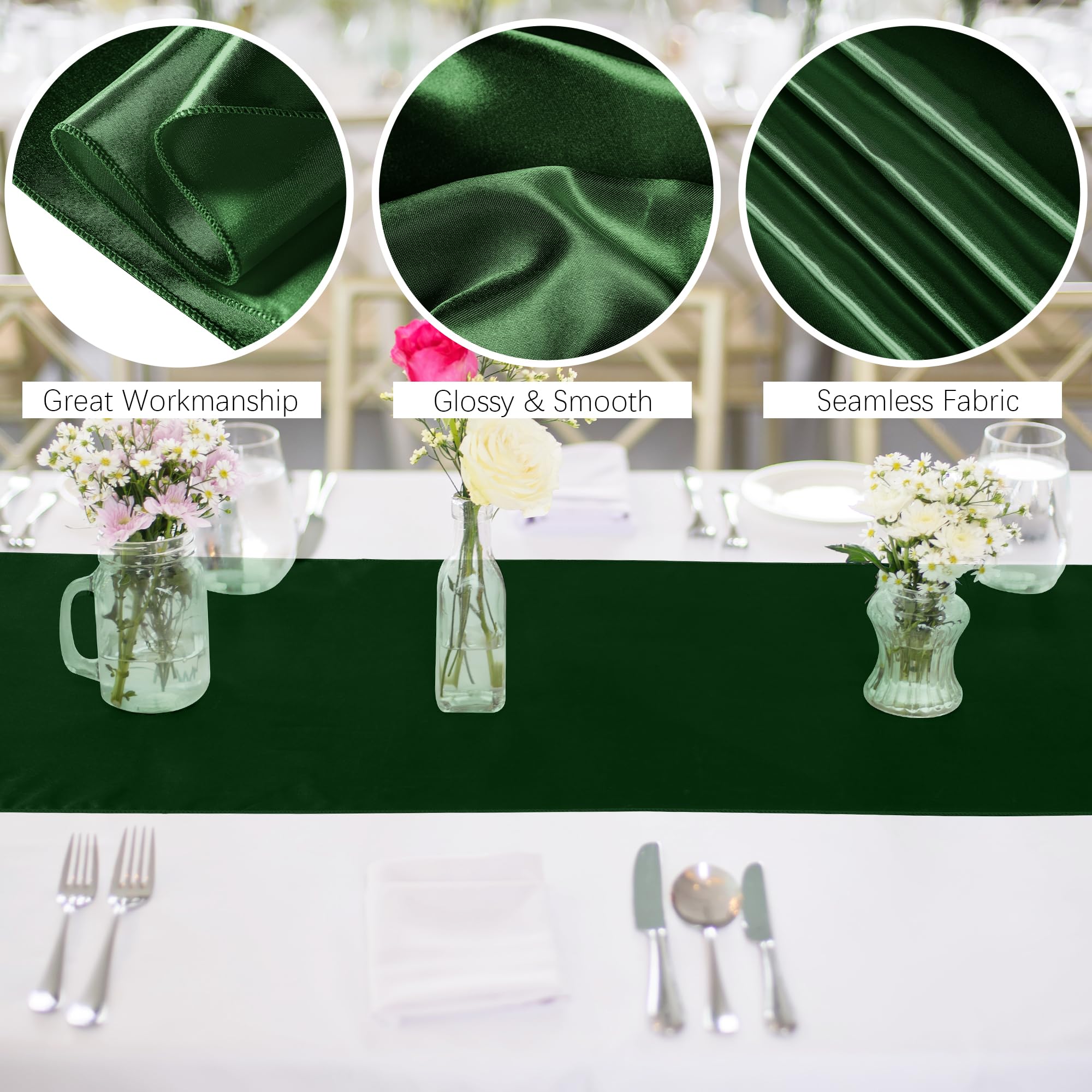 Aneco camino de mesa satinado verde bosque, ideal para combinar con otros elementos decorativos.