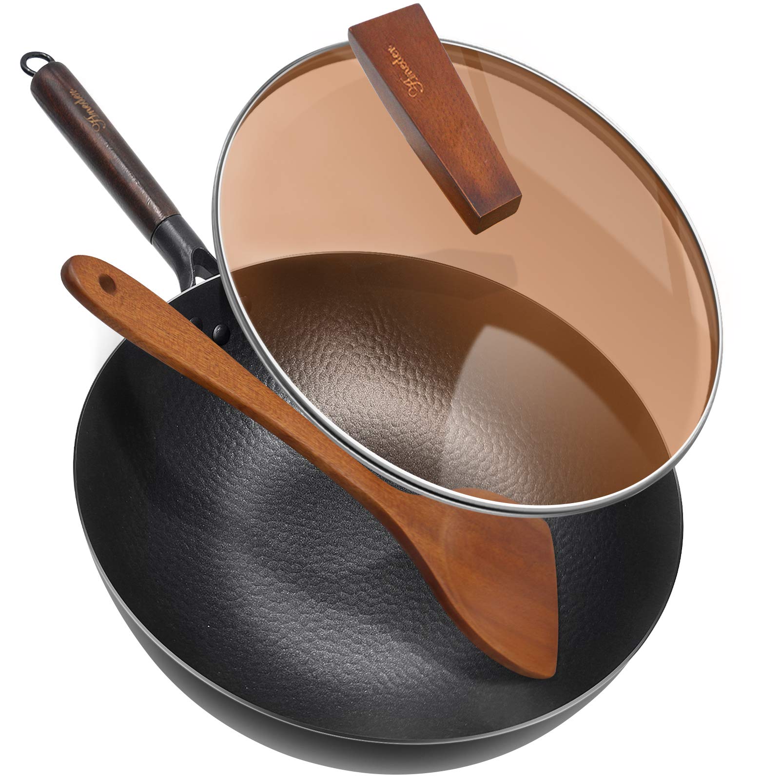 ANEDER wok carbono 12,5 pulgadas con tapa de vidrio para cocción uniforme
