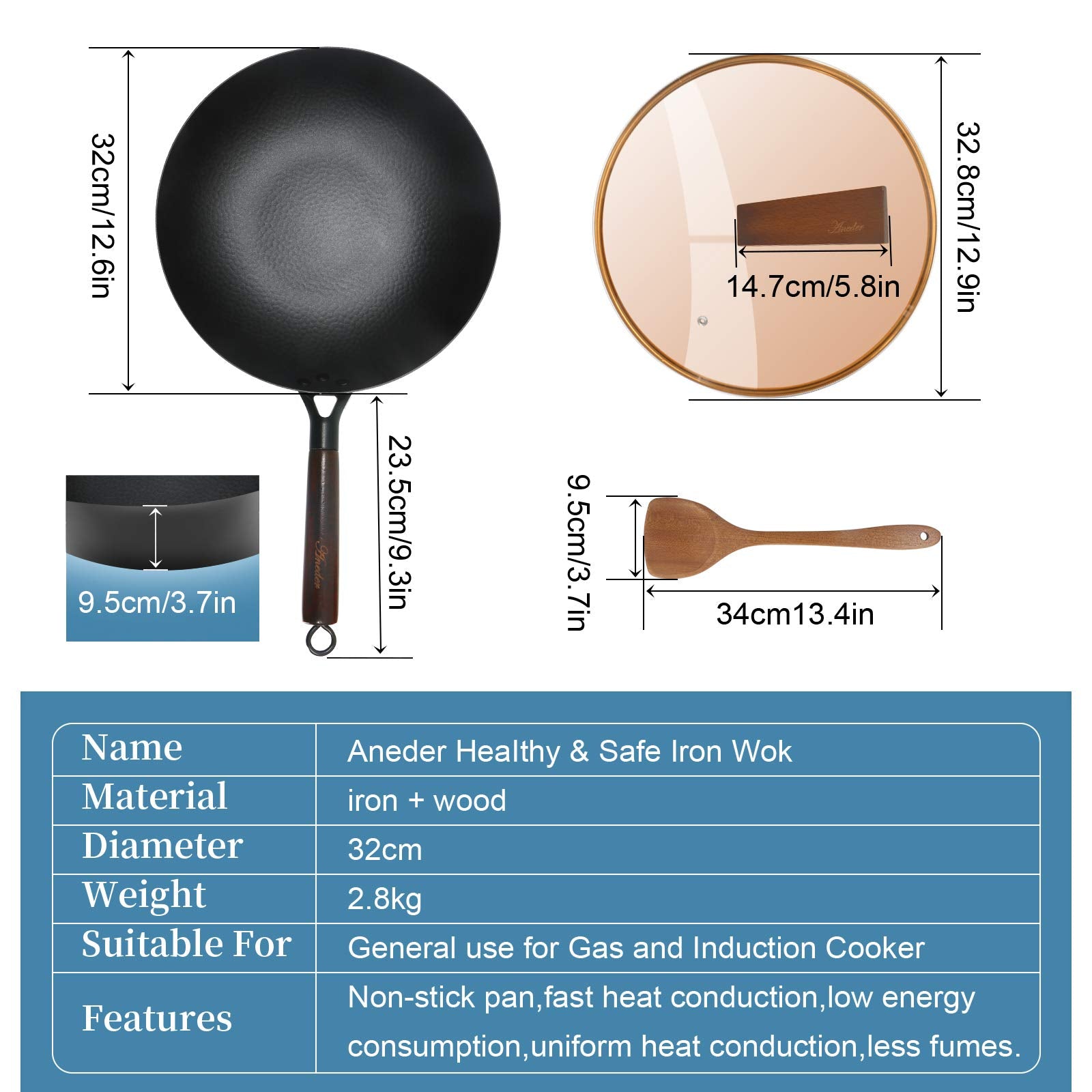 ANEDER wok carbono con mango de madera desmontable para horno y almacenamiento