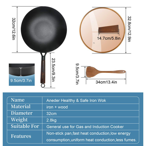 ANEDER wok carbono con mango de madera desmontable para horno y almacenamiento