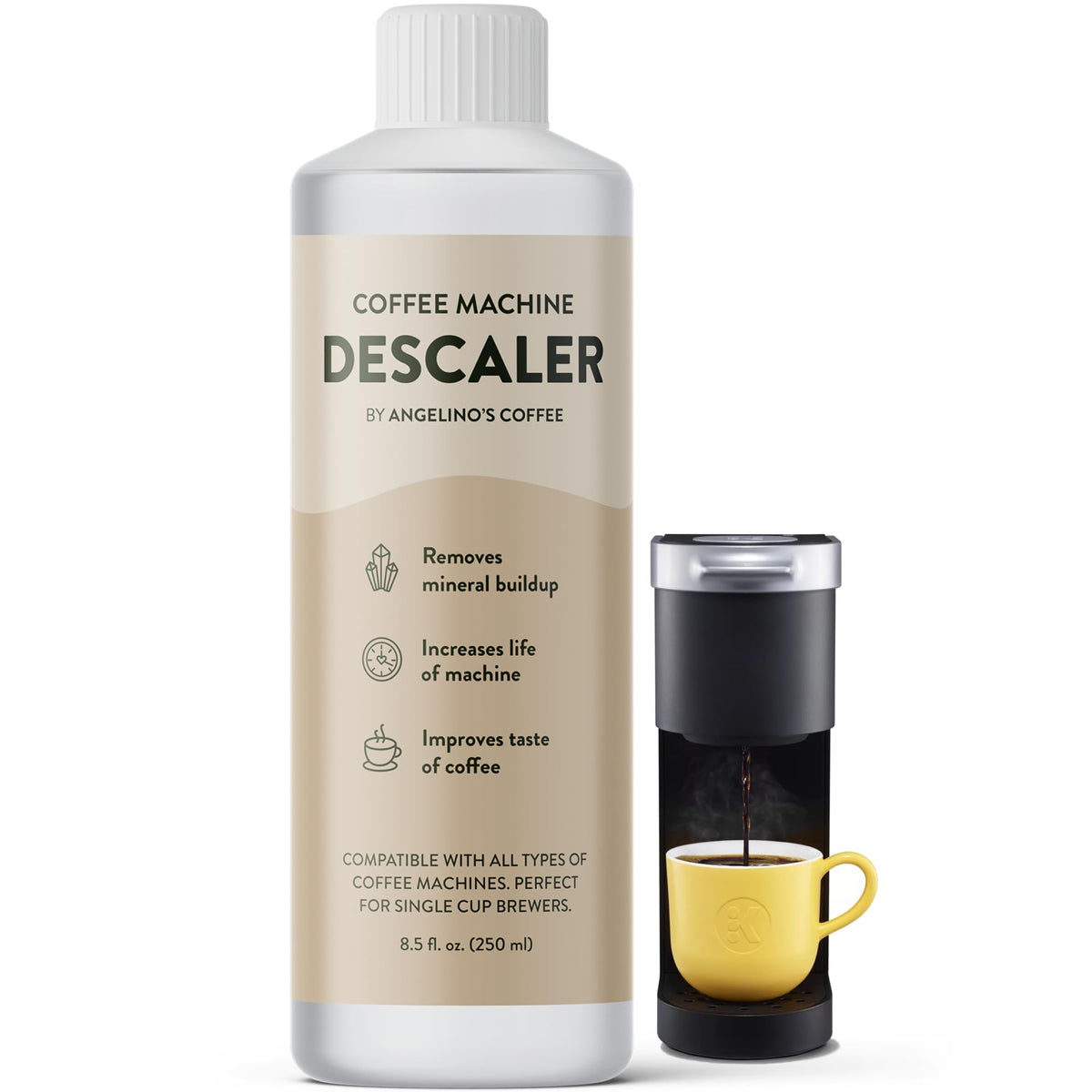 Angelino's Coffee desincrustante para Keurig en acción, mejora el rendimiento de la cafetera