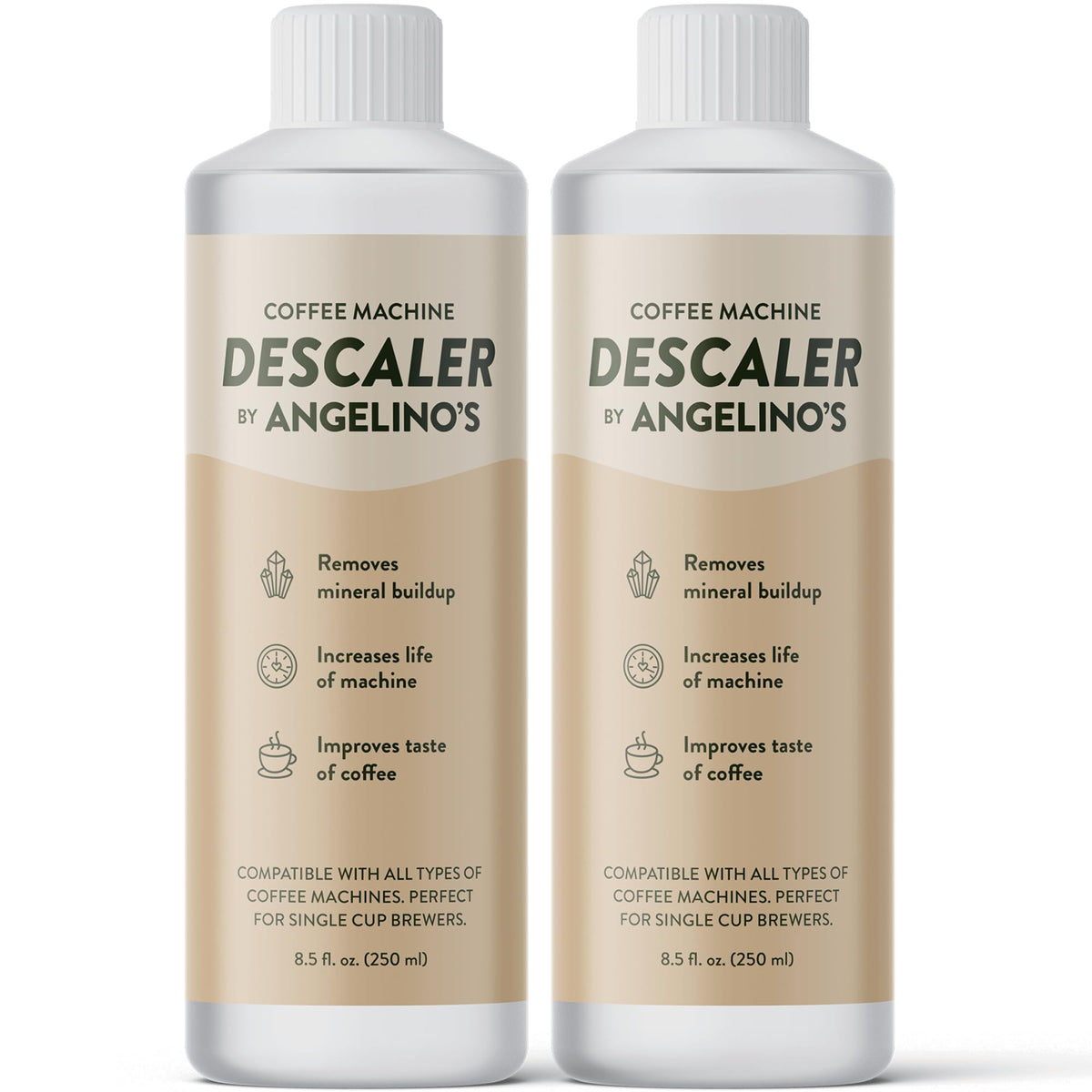 Angelino's Coffee Solución desincrustante, botella-vertido, mejora rendimiento al eliminar acumulación.
