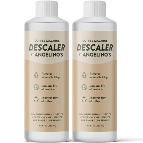 Angelino's Coffee Solución desincrustante, botella-vertido, mejora rendimiento al eliminar acumulación.