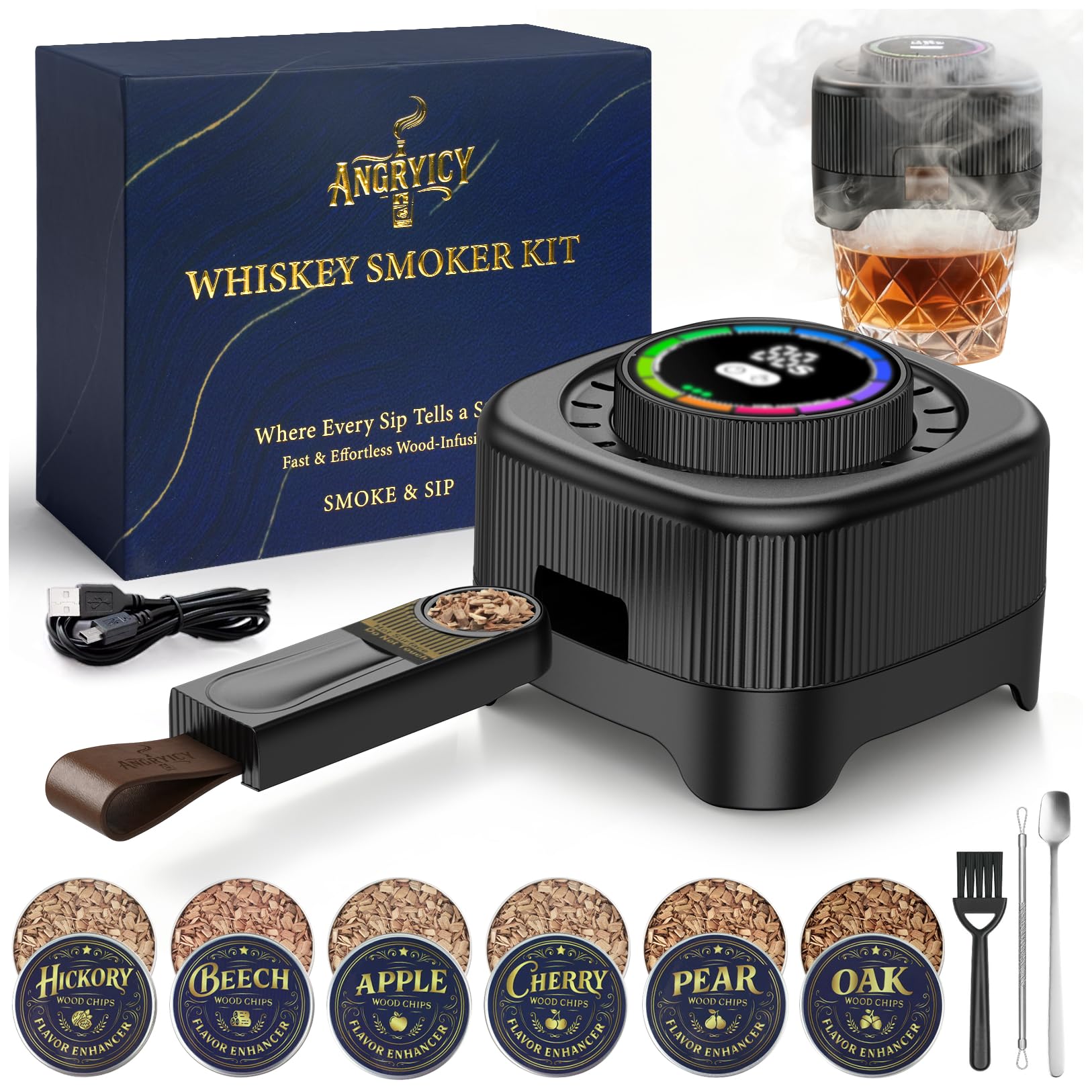 Ahumador Angryicy whisky eléctrico en caja regalo, perfecto para un regalo sofisticado.