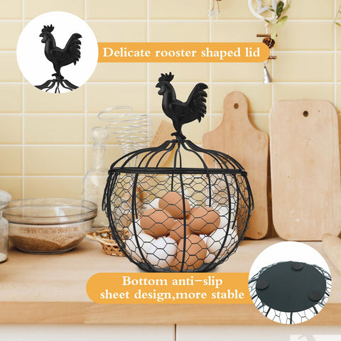 anmylee canasta de huevos con tapa decorativa en forma de gallo para la cocina