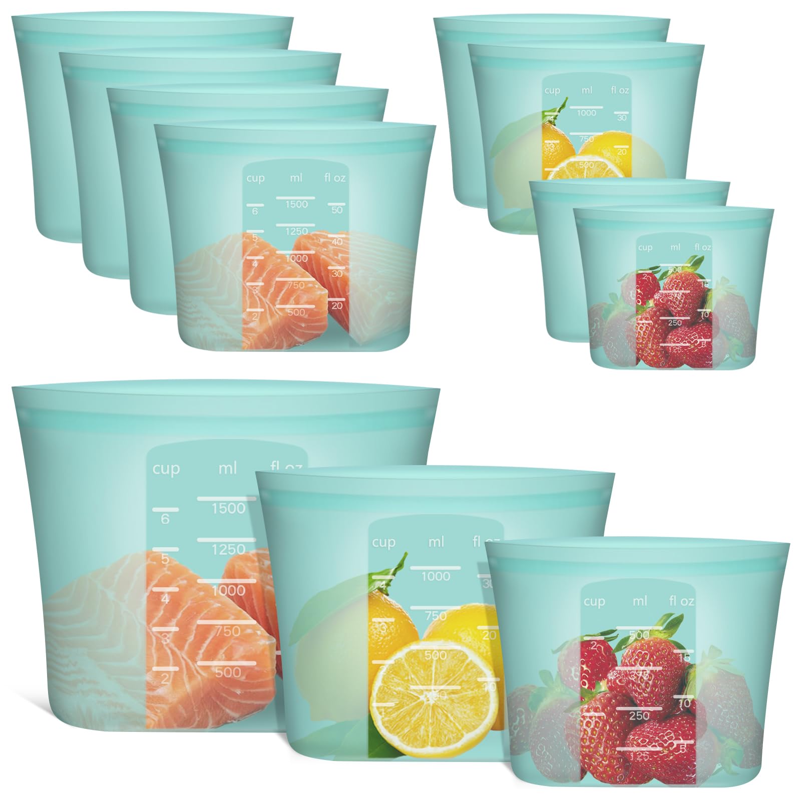 Annaklin bolsas silicona reutilizables, frente del set de 8 piezas para almacenamiento seguro.