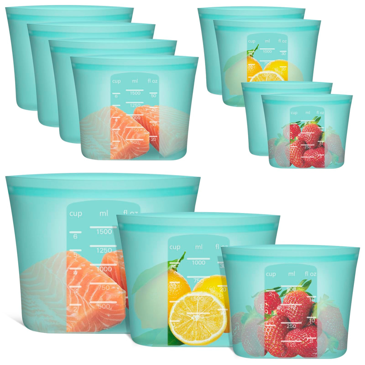 Annaklin bolsas silicona reutilizables, frente del set de 8 piezas para almacenamiento seguro.