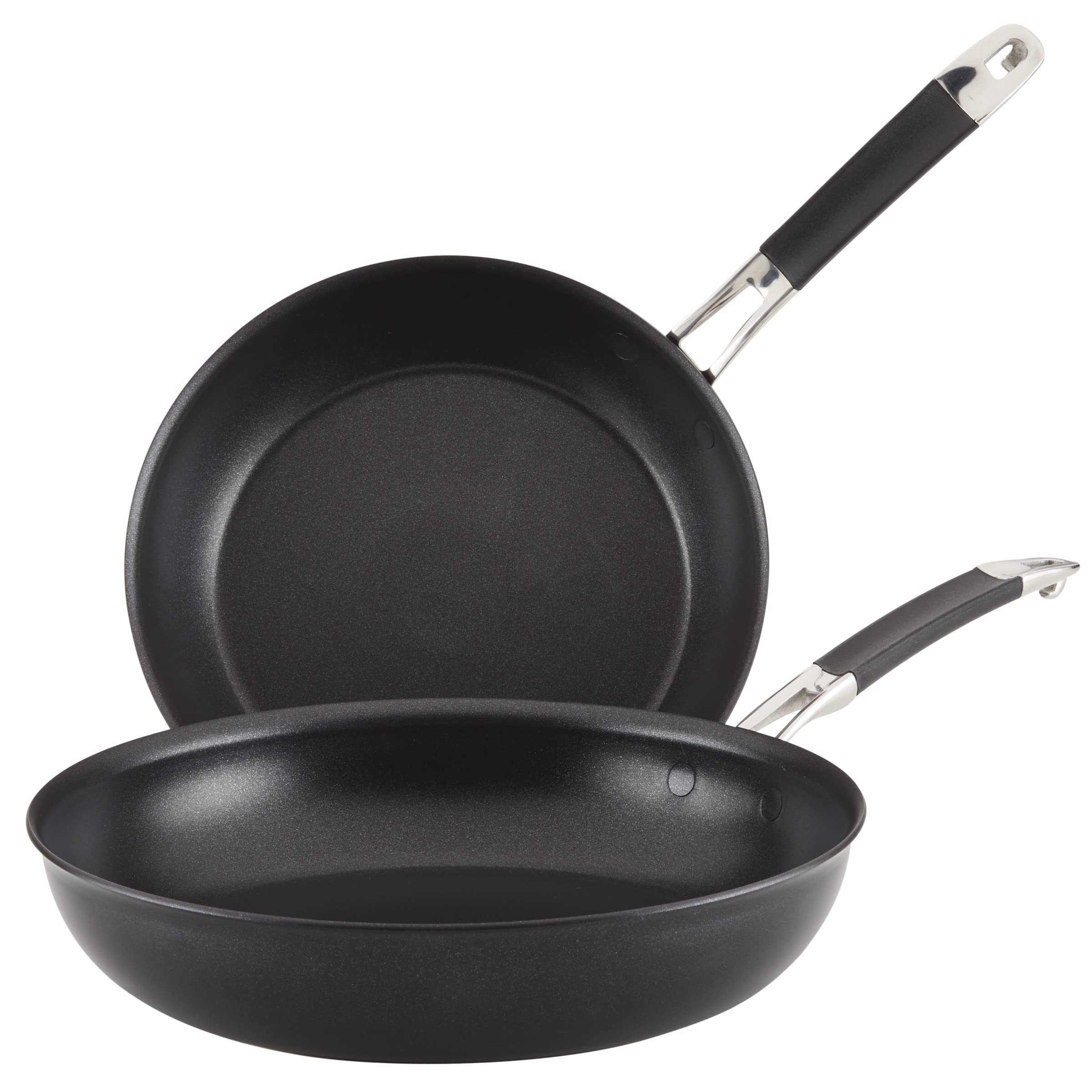 Anolon SmartStack sartenes apilables de 10 y 12 pulgadas en negro, ahorro de espacio.